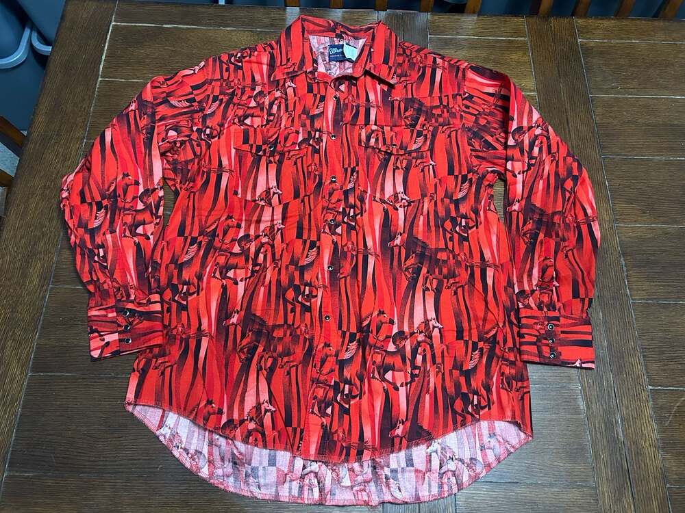 Vtg Wrangler Mens Western Long Sleeve Pearl Snap Shirt Horse Print Red Size XL